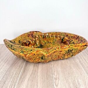 Vintage Drip Glaze Pottery Leaf Bowl Console Dish MCM Art Pottery Centerpiece